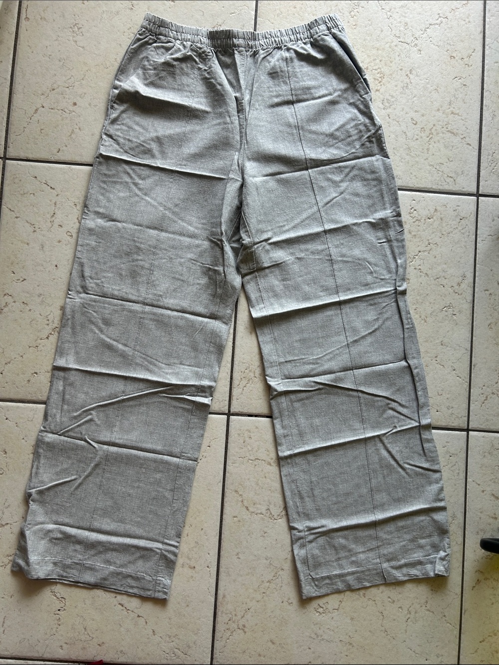 H&M Womens Linen-Blend Elastic Waist Pants — Light Gray